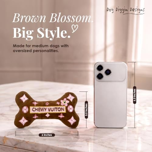 Dog Diggin Designs Chewy Vuiton Brown Blossom Plush Dog Toy Bone | Luxury-Inspired Parody Designer Bone with Squeaker, Soft Plush Chew & Play Dog Toy – Prêt-à-Porter Play!
