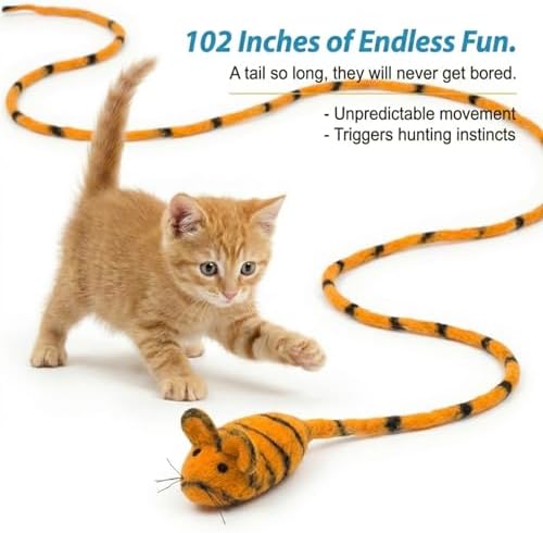 Glaciart One Felt Mouse Cat Toy – Soft Fuzzy Enrichment 100% Natural Wool - Interactive Catnip Play Cat Toy Set - Safe for Pets, Non-AZO Colored Dyes - 100” Long