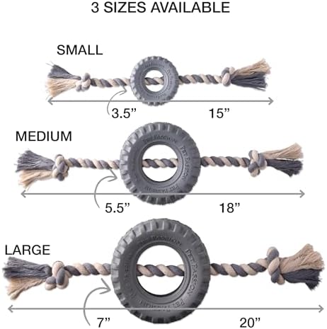 Pet Passion Natural Rubber Tire and Organic Cotton Rope Pull and Chew Dog Toy for All Pet Breeds, Gray, Small