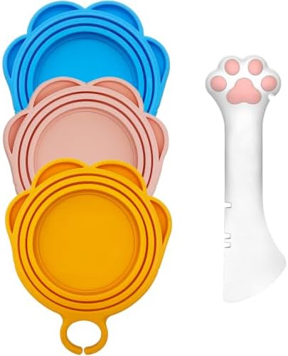 3 Pcs Cat Food Can Lids & One Opener | Cute Paw Shape Can Covers and Opener Spatula Cat Spoons for Wet Food | Universal BPA Free Silicone Spoon & Covers for Dog Cat Cans(Multicolor)