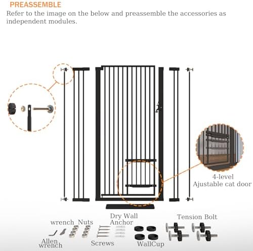 55.11" Extra Tall Pet Gate With Small Cat Door - 29.5-40.6 Wide, No Drilling Pressure Mount Kit for Cats and Dogs, Indoor Doorways, Living Room, Bedroom - Black