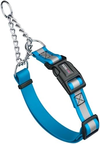 Dogline Reflective Martingale Collar for Dogs with Quick Release Buckle – Biothane Dog Collar with Herm Sprenger Assembly Chain – Waterproof No Pull Dog Collar, L 11”-15”, Cerulean Blue