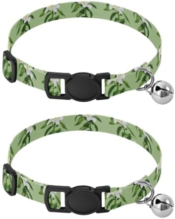 Floral White Lilies Green Leaf Cat Bell Collar 2 Pack Small Dog Collar Adjustable 10.6 to 17.1 Inches