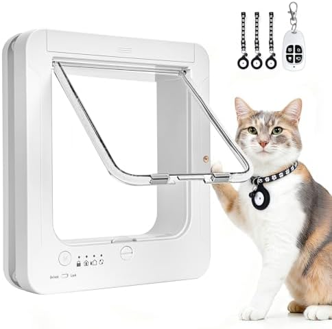 Smart Cat Door for Interior & Exterior, Cat Pet Door with 3 Collar Sensor Keys & 1 Remote Control & 4 Way Locking Cat Flap with RFID Collar Activated Opening SmartPetDoor