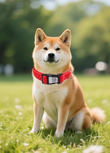 THAIN Smart QR Code Dog Collar-Nylon & Velvet Pet Collar with Unique ID Registration, Adjustable Plastic Buckle for Medium Dogs–Black, Red, Pink, Yellow (Red, M)