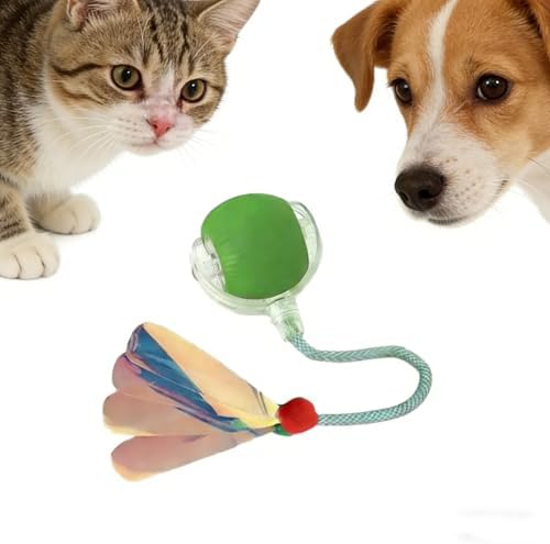 Automatic Interactive Cat Dog Toy with Elastic Tail: Chirping Sound, Smart Obstacle Avoidance for Indoor Cats & Kittens(Feathered-Tail Green Ball)