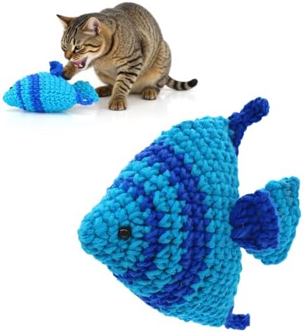 Catnip Fish Toy - Hand-Crocheted with Real Catnip & Bell, Interactive Kicker Toy for Cats Kitten, Soft & Safe for Biting