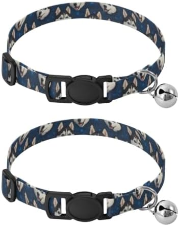 Cartoon Dog Heads Dark Blue Decorative Pet Collar with Bell 2 Pack Pet Collars Adjustable 10.6 to 17.1 Inches