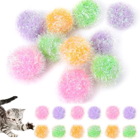 Psyqtsuary 12 Pcs Cat Ball Toys, 2 Inch Sparkle Fuzzy Balls Interactive Cat Toy Soft Pom Pom Sparkle Fuzzy Balls Assorted Color