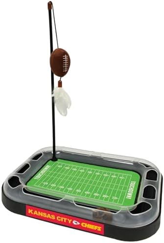 Pets First Cat Plush Toy KANSAS CITY CHIEFS FOOTBALL FIELD CAT SCRATCHER TOY with CATNIP Filled Plush FOOTBALL Toy & Feather Cat Toy hanging, Jingle Bell INTERACTIVE BALL Cat Chasing 5-in-1 KITTY Toy