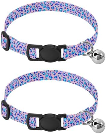 2 Pack Pet Collar Blue Leopard Spots Pink Cat Collar Breakaway with Bell, Adjustable 10.6 to 17.1 Inches