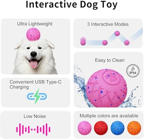 Interactive Dog Toys Dog Ball, Durable Motion Pet Toys for/Small/Medium/Large Dogs, Birthday Gifts, Automatic Moving, Bouncing and Rotating, E-TPU Material, IP54 Waterproof (Pink)