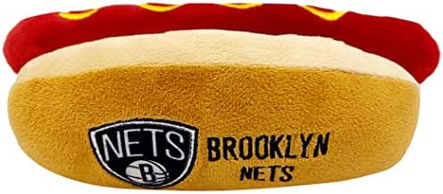 Pets First NBA Brooklyn Nets HOT Dog Plush Dog & CAT Squeak Toy - Cutest HOT-Dog Snack Plush Toy for Dogs & Cats with Inner Squeaker & Beautiful Basketball Team Name/Logo