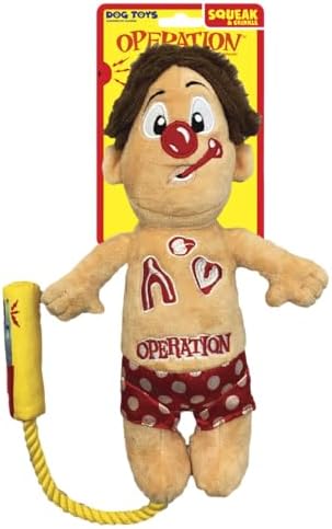 Hasbro 12in Dog Toys Operation Cavity Sam Squeak and Crunch with Rope - Tan-Red-Yellow
