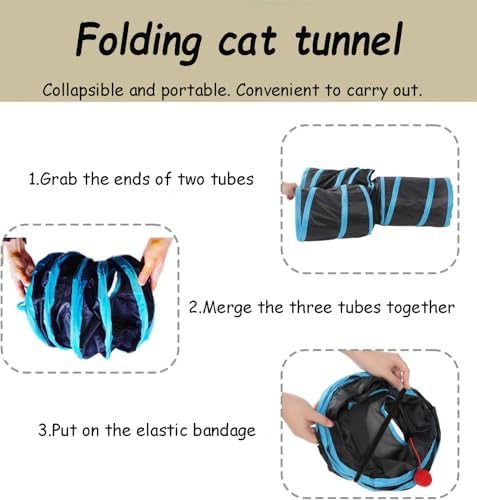 3-Way Collapsible Cat Tunnel Tube Toy Black Blue