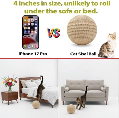 4-Inch Sisal Cat Toy Balls, Cat Toys for Indoor Cats, With Crinkle Sound