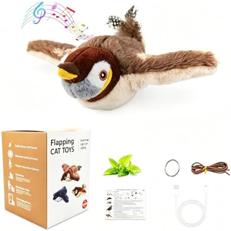 Upgraded Flappy Chase Interactive Chirping Bird Cat Toy with Flapping Wings,No Flying, Interactive Simulation Electric Cat Toy for Cats Dogs-Cat Toys Touch Activated, Rechargeable