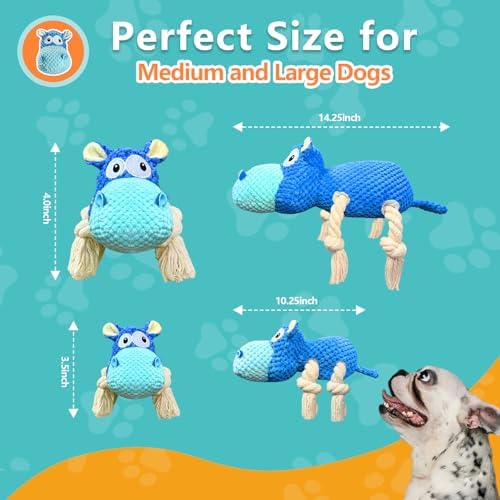TOOPTATE Hippo Squeaky Dog Toy, Blue, Large