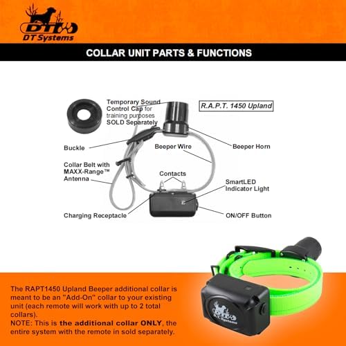 DT SYSTEMS RAPT1450 Upland Beeper Additional Collar Receiver for RAPT1450 Dog Training System, Rechargeable Programmable 12-23" Adjustable Add-On E-Collar - Green