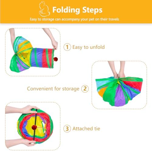 3 Way Cat Tunnel Collapsible Fun Pet Play Tube Toys for Cats, Kittens, Puppies & Rabbits - Portable Tunnel with Hanging Ball for Indoor Play, Hideout & Exercise