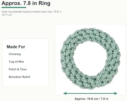 Heavy Dog Rope Ring Toy, Braided Chew Toy for Medium Dogs, Tug of War Rope Toy for Teething, Fetch, Tossing and Interactive Play, Green and White, Approx. 8 in