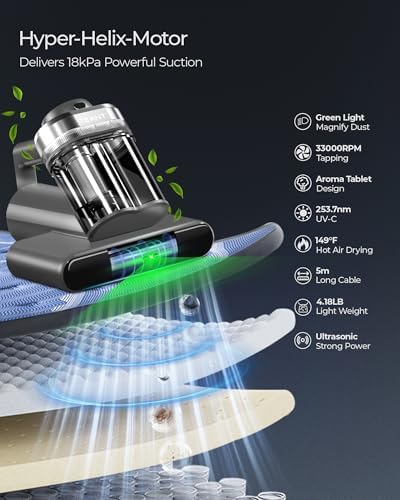 Teant Bed Mattress Vacuum, 18 kPa & Green Light Dust Detection, MV-Grey