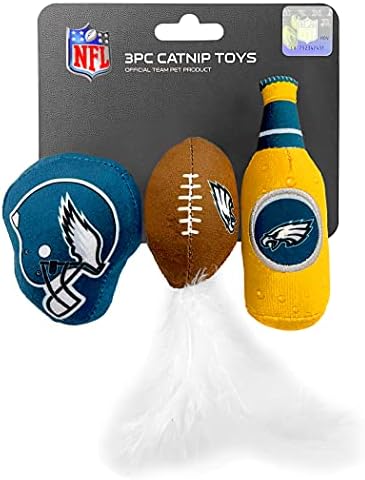 BEST PLUSH CAT TOY NFL PHILADELPHIA EAGLES Complete Set of 3 piece Cat Toys filled with Fresh Catnip. Includes: 1 Helmet Cat Toy, 1 Football Cat Toy with Feathers & 1 Beer Bottle. Beautiful Team LOGOS