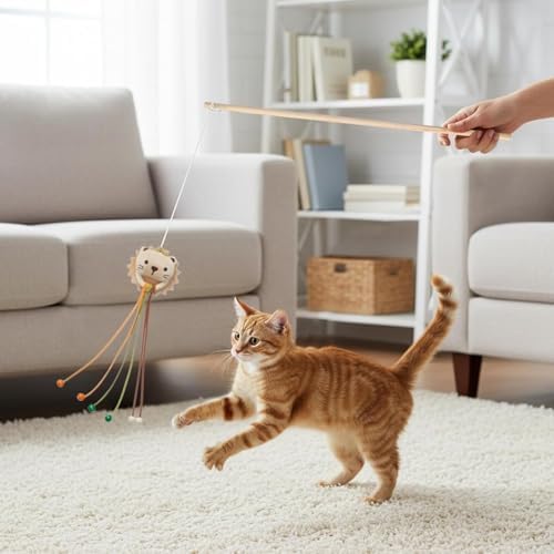 2-Pack Cat Toy Wand Set: Interactive Cat Teaser Wands with Bells and Streamers to Engage Your Cat’s Natural Instincts (Lion and Mouse)