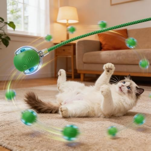 Interactive Smart Wake Pet Ball with Teaser Tail for Cats & Dogs（Green）