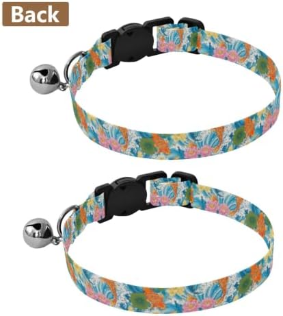 2 Pack Puppy Collar Koi Fish Flowers Blue Cat Collar with Bell, Adjustable Length 10.6" to 17.1"