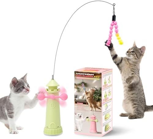 Interactive Cat Toys for Indoor Cats, Windmill Feather Cat Teaser Wand, Bouncy Kitten Toys with Strong Suction Cup Base for Bored Felines & Self-Played Enrichment Green