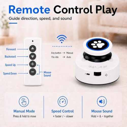 Automatic Cat Toy for Indoor Cats with Remote Control, Interactive Cat Chase Toy with Moving Feather Lure, DIY Floor Route Kit with Mouse Sound, Rechargeable Self-Play Toy