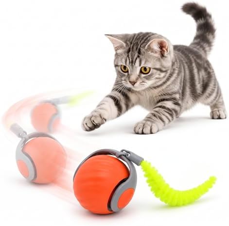 Interactive Rolling Cat Ball Toy, Automatic Moving Cat Toy with Detachable Plush Tail, Dual Speed & Dual Mode Rechargeable Indoor Kitten Exercise Toy（1.97In,0.09lb,Orange）