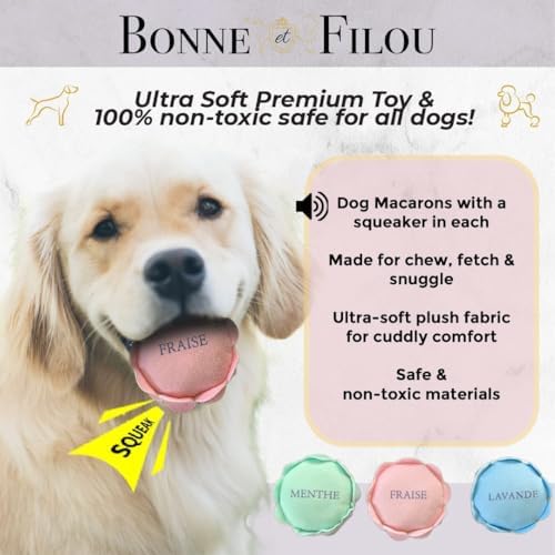 Bonne et Filou 6 Count Macarons Shape Plush Squeaky Dog Toys Interactive Puppy Chew Toys for Aggressive Chewers Dog Toys for Small and Medium Dogs