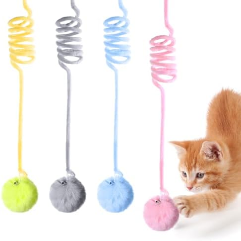 InnoHHustle 4PCS Cat Spring Toys, Hanging Fluffy Cat Ball Toys with Bell Stretchable Interactive Cats Teaser Soft Plush Interactive Cat Toy for Indoor Cats Kitten Play Chase Exercise
