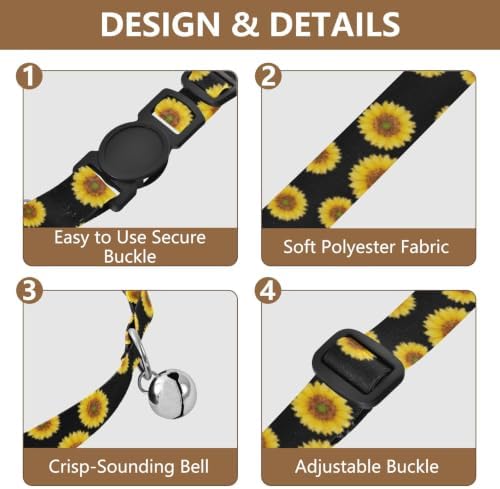 Yellow Sunflowers Petals Puppy Collar with Bell 2 Pack Cat Collar Adjustable Length 10.6" to 17.1"