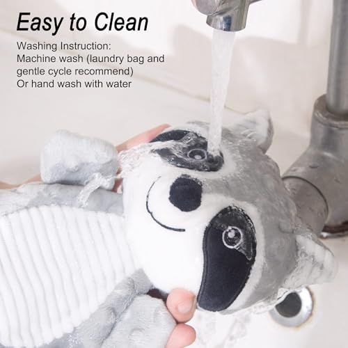 No Stuffing Squeaky Dog Toys Plush Chew Toy for Small Medium Puppy Large Breed, Stuffless Cute Animal Plush Toy for Indoor Play, Tough Durable Teething Interactive Gift, Raccoon,Gray