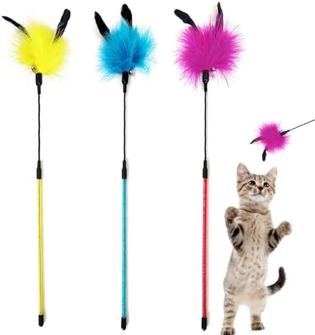 Cat Wand Toy 3 PCS Soft Turkey Feather Teaser Wands with Bell for Indoor