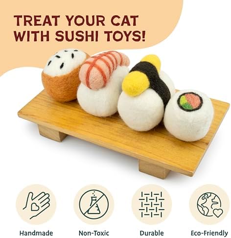 Woolbuddy Wool Cat Toys (Big Sushi 4 PCS) for Indoor Cat Kitten Catnip-Free