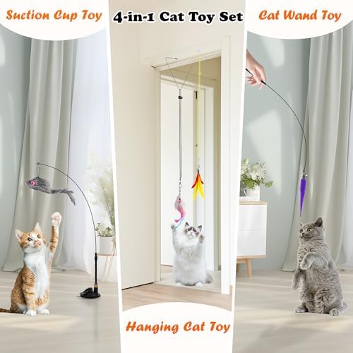 Soarer 4in1 Interactive Cat Wand Toys with Suction Cup for Indoor Cat,12Pcs