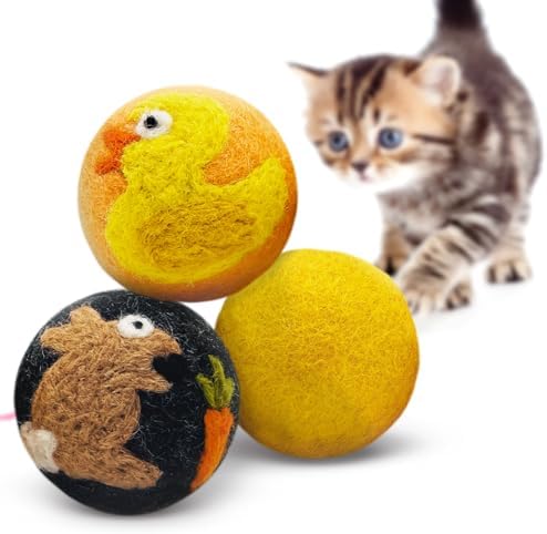 Love Ewe Wool Cat Toys Ball 3 Pack, 2-inch Duck and Bunny