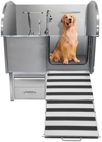 Professional Dog Grooming Tub, 50 in Stainless Steel Dog Wash Station With Foldable Ramp, Storage Drawer, Floor Grate & Faucet/Dog Bathtub for Large, Medium & Small Pets - Right Door (50 in )