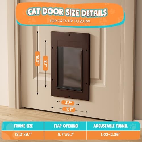 Cat Door for Interior & Exterior Doors, Pets Up to 20 lb, Brown | ﻿Soft Magnetic Flap, Sliding Lock Panel, Adjustable Tunnel, Save energy, Prevents Paw Pinching, Easy DIY Installation