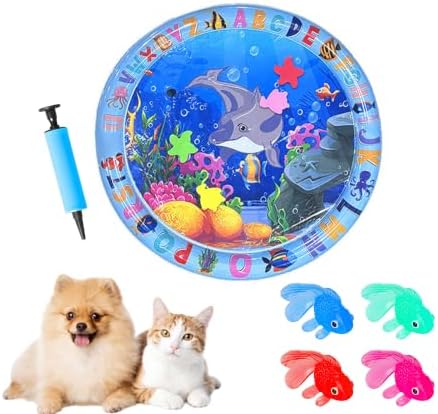 2026 Upgraded Cat Water Mat – 5-Layer Anti-Scratch Leak-Proof Sensory Play Mat for Indoor Cats, BPA-Free Cooling Water Pad, Interactive Enrichment Toy (S16, 65 * 65CM, 4 Fish + Pump Included)