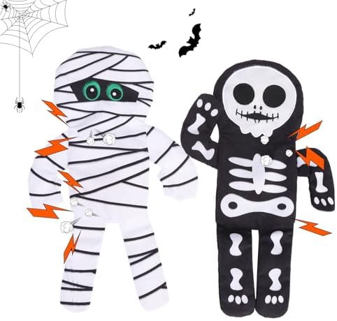 PAWCHIE Halloween Squeaky Dog Toys 2 Pcs for Small Medium Dogs,No Stuffing Crinkle Puppy Toy,Soft Pet Plush Teething Toys Mess-Free Interactive Chew Toy for Boredom Ideal, Skeleton & Mummy