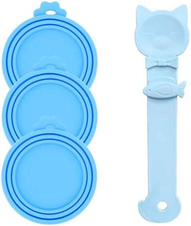 Cat Treat Spoon Squeeze & 3 Pcs Can Lids | Cat Treat Feeder for Liquid Snack | Universal Silicone Pet Can Covers BPA Free | Churu Spoon Dispenser(Blue)