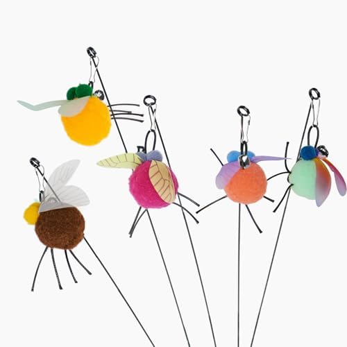 Cat Wand Attachment Toys, 5 PCS Fly Bugs Refills with Bells for Cat Teaser, Chase and Exercise Toys for Indoor Cats and Kittens Enrichment (No Wand Toy)