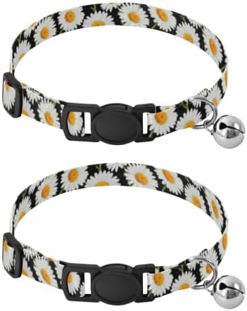 White Daisies Black Dog Bell Collar 2 Pack Pet Collar Adjustable Length 10.6" to 17.1"