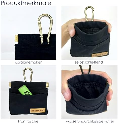 Raisingwell Dog Treat Pouch, Black Pocket Sized Pet Training Pouch, Cotton Fabric, Hand Free Dog Walking Bag with Carabiner, Self-Closing Pet Feed Snack Reward, for Pet Puppy Travel or Outdoor Use