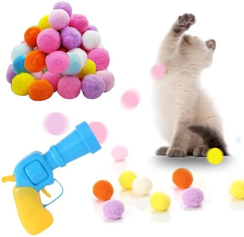 Cat Toy Balls with Launcher Set , Interactive Cat Toys with 1 Launcher & 20 Colorful Soft Pom Balls, Fun Pet Play Toy for Tracking Indoor Cats (Reinforced Edition)